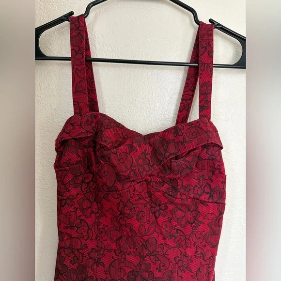 DIXIEFRIED Pinup Retro Red with Black Lace Print Pencil/Wiggle Dress - Picture 2 of 7